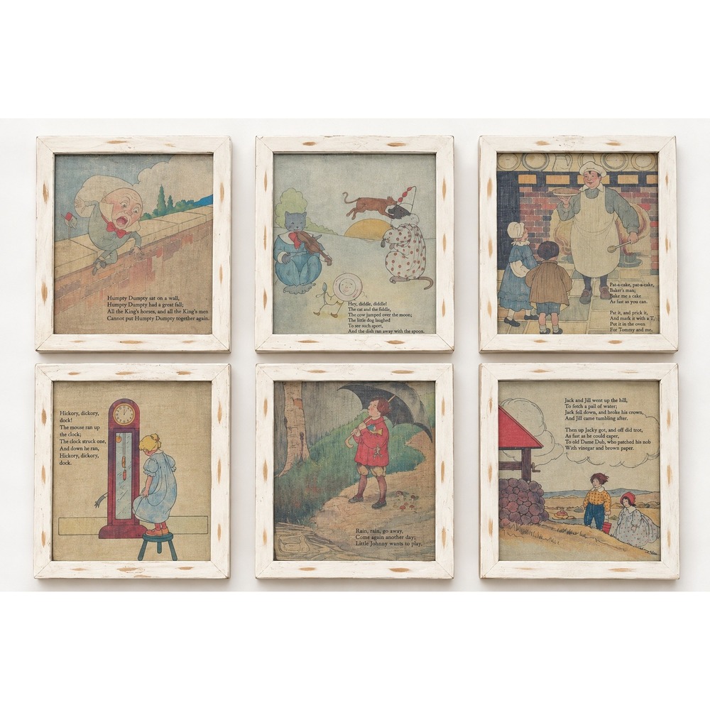 Restoration Hardware Baby Mother Goose Nursery Rhyme Framed Art Set 6 Storybook